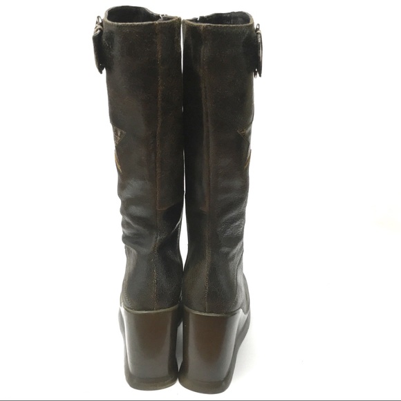 VTG Y2K Leather Star Detail Platform Tall Boots - Picture 4 of 8